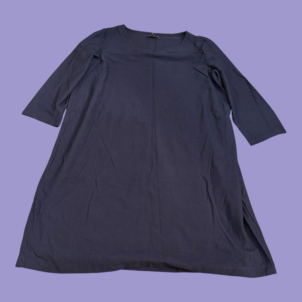 Eileen Fisher Shift Dress Womens Medium Navy Blue Stretch Crepe Knit 3/4 Sleeve